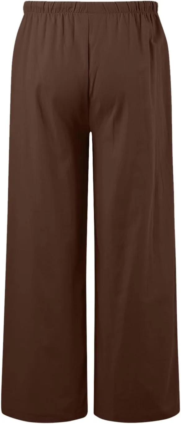 Women High Waisted Wide Leg Pants Fashion Drawstring Elastic Trousers Comfy Straight Leg Long Pants with Pockets