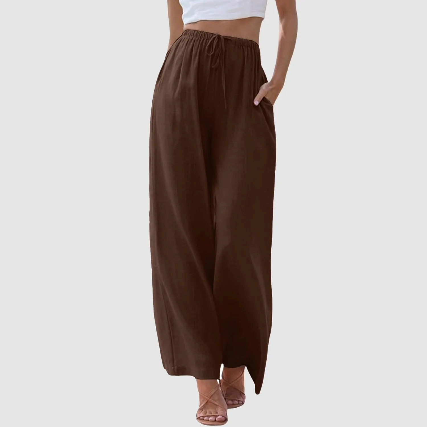 Women High Waisted Wide Leg Pants Fashion Drawstring Elastic Trousers Comfy Straight Leg Long Pants with Pockets