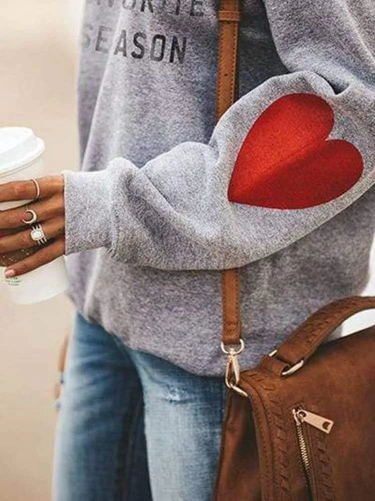 Women Letter Print Sweatshirt Long Sleeve Cute Heart Elbow Patch Pullover Tops
