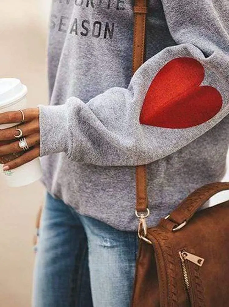 Women Letter Print Sweatshirt Long Sleeve Cute Heart Elbow Patch Pullover Tops