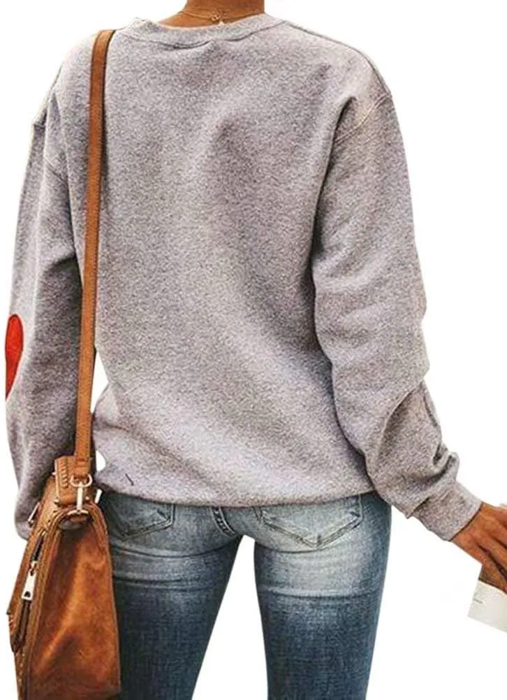 Women Letter Print Sweatshirt Long Sleeve Cute Heart Elbow Patch Pullover Tops