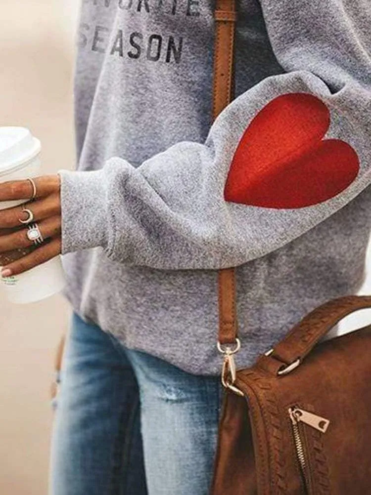 Women Letter Print Sweatshirt Long Sleeve Cute Heart Elbow Patch Pullover Tops