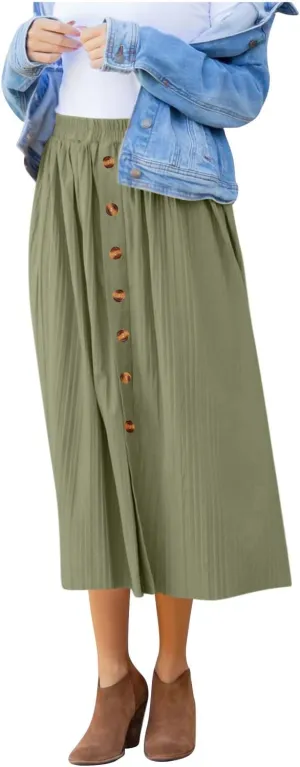 Women Lightweight Casual Flowy Long Skirt, Solid Color Basic Ruched Loose Summer Skirts Elastic Waist Comfy Breathable