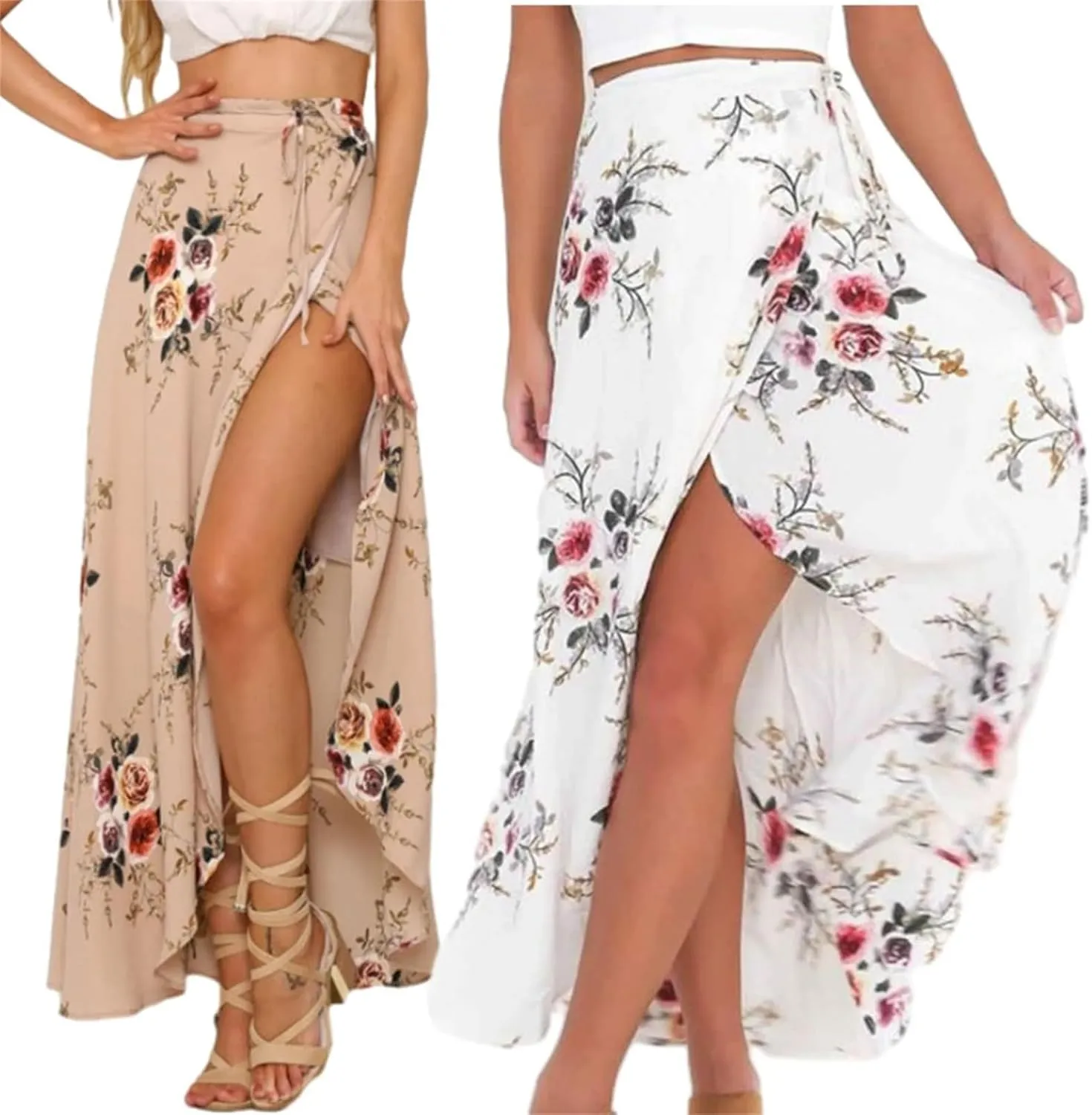Women Long Skirt High Slit Casual Boho Beach Summer Maxi Skirt Floral Print High Waisted Maxi Skirts