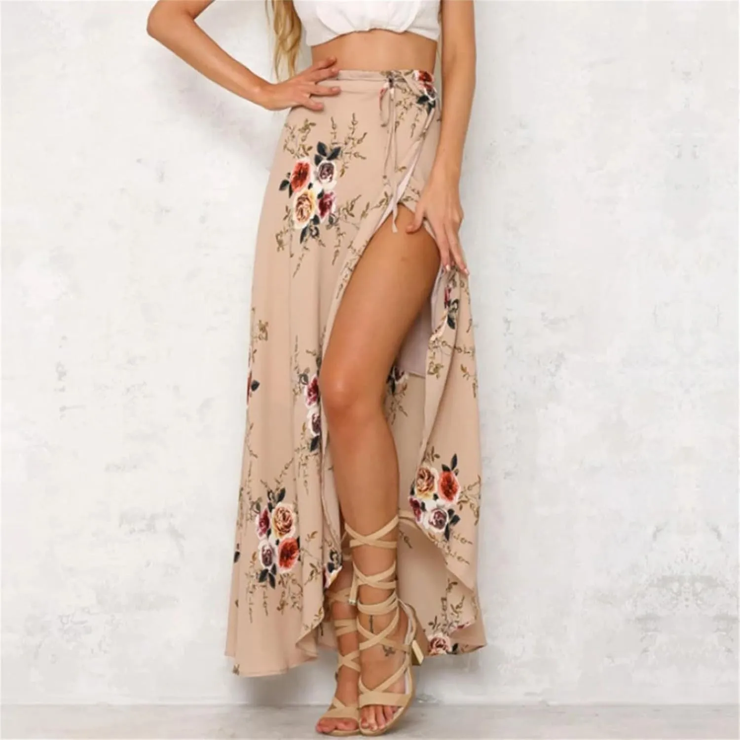 Women Long Skirt High Slit Casual Boho Beach Summer Maxi Skirt Floral Print High Waisted Maxi Skirts
