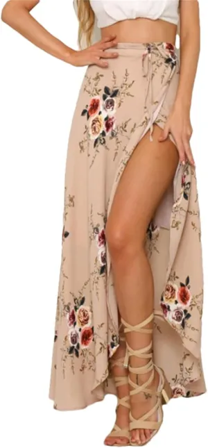 Women Long Skirt High Slit Casual Boho Beach Summer Maxi Skirt Floral Print High Waisted Maxi Skirts