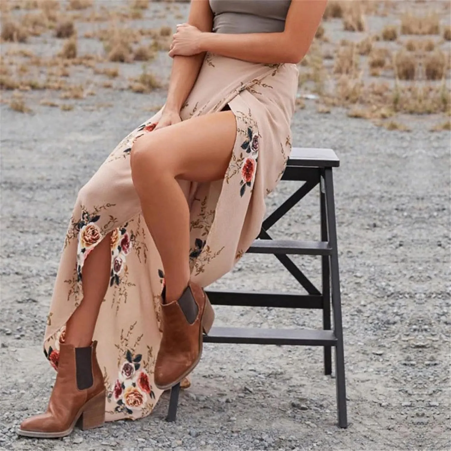 Women Long Skirt High Slit Casual Boho Beach Summer Maxi Skirt Floral Print High Waisted Maxi Skirts