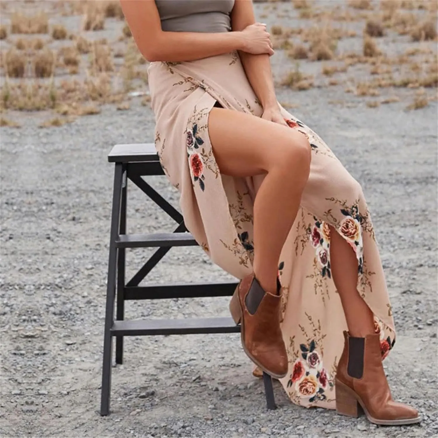 Women Long Skirt High Slit Casual Boho Beach Summer Maxi Skirt Floral Print High Waisted Maxi Skirts