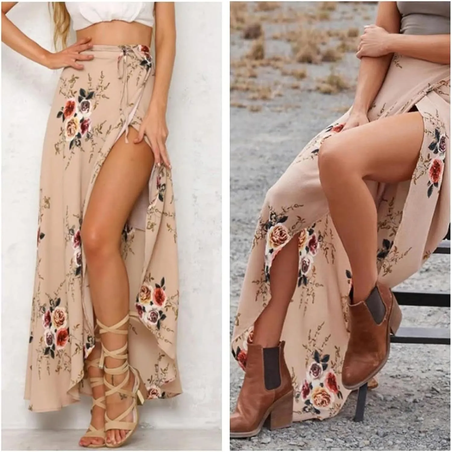 Women Long Skirt High Slit Casual Boho Beach Summer Maxi Skirt Floral Print High Waisted Maxi Skirts