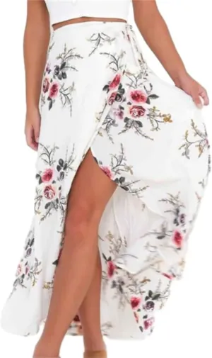 Women Long Skirt High Slit Casual Boho Beach Summer Maxi Skirt Floral Print High Waisted Maxi Skirts