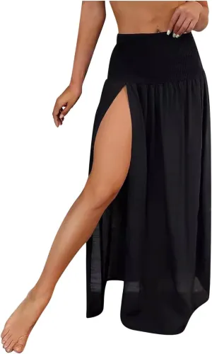 Women Maxi Skirt with High Slit Sexy Party Skirt Long Flowy Beach Skirts Elastic High Waist Wrap Skirts A Line Skirt