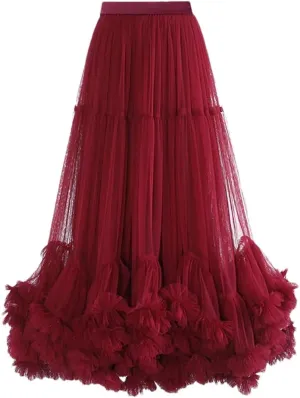 Women Maxi Skirts Elastic Meash Ruched Ruffles Patchwork Vintage Clothing