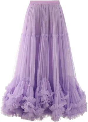 Women Maxi Skirts Elastic Meash Ruched Ruffles Patchwork Vintage Clothing