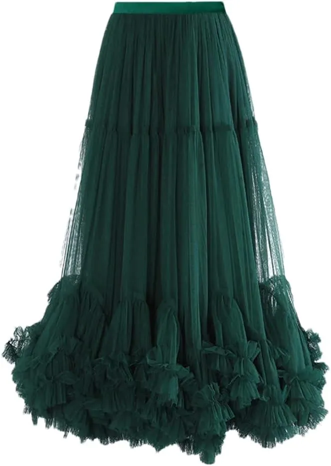 Women Maxi Skirts Elastic Meash Ruched Ruffles Patchwork Vintage Clothing