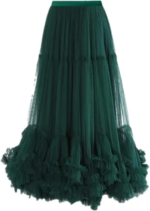 Women Maxi Skirts Elastic Meash Ruched Ruffles Patchwork Vintage Clothing