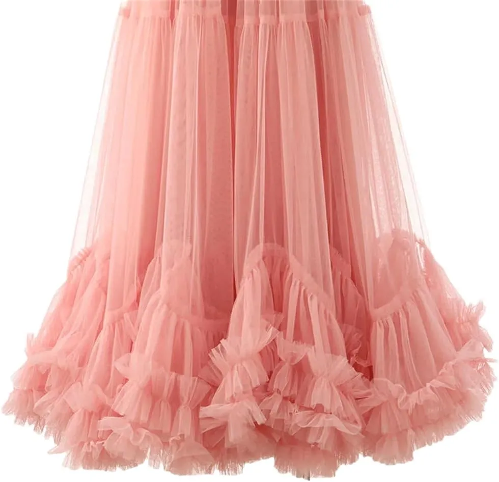 Women Maxi Skirts Elastic Meash Ruched Ruffles Patchwork Vintage Clothing