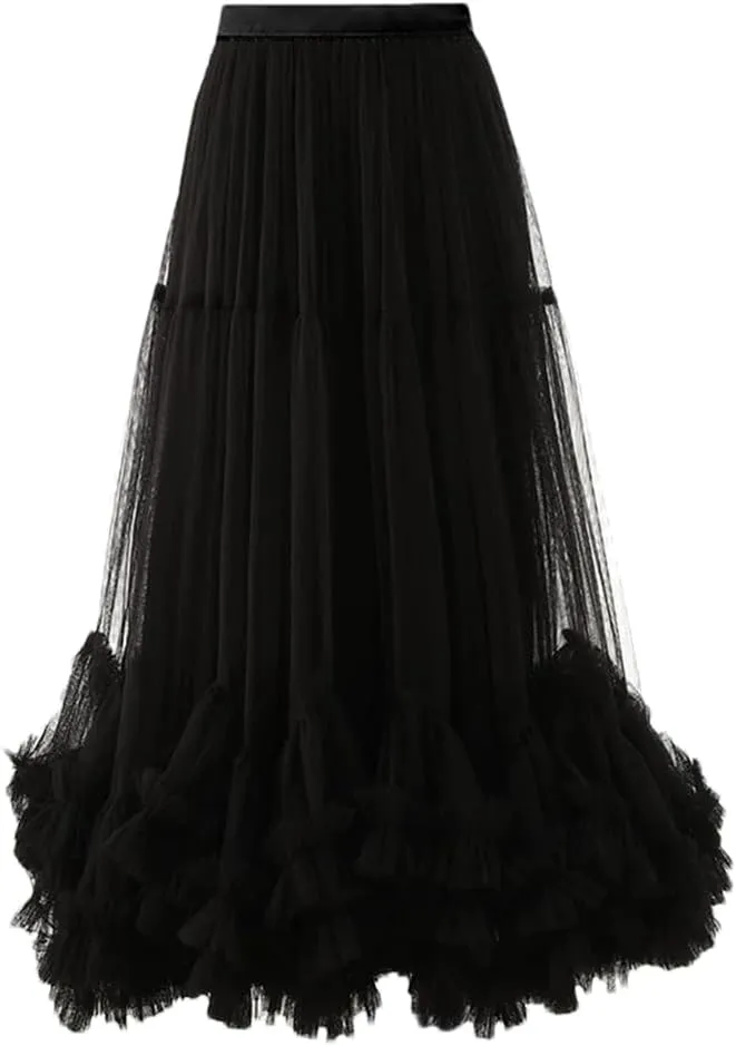 Women Maxi Skirts Elastic Meash Ruched Ruffles Patchwork Vintage Clothing
