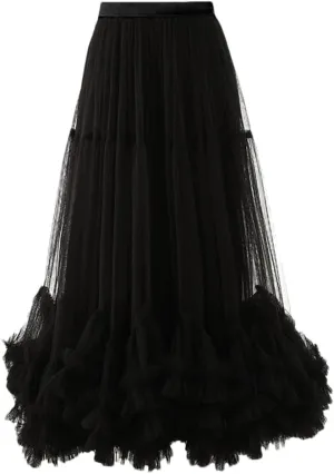 Women Maxi Skirts Elastic Meash Ruched Ruffles Patchwork Vintage Clothing