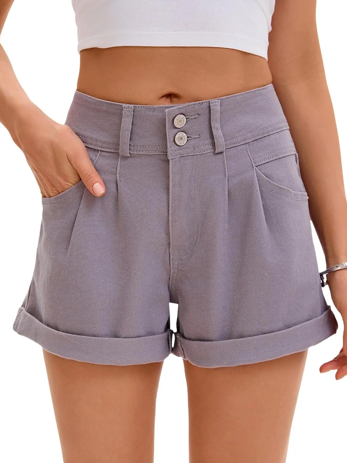 Women Mid Rise Ripped Jean Shorts Casual Stretchy Denim Shorts Frayed Raw Hem