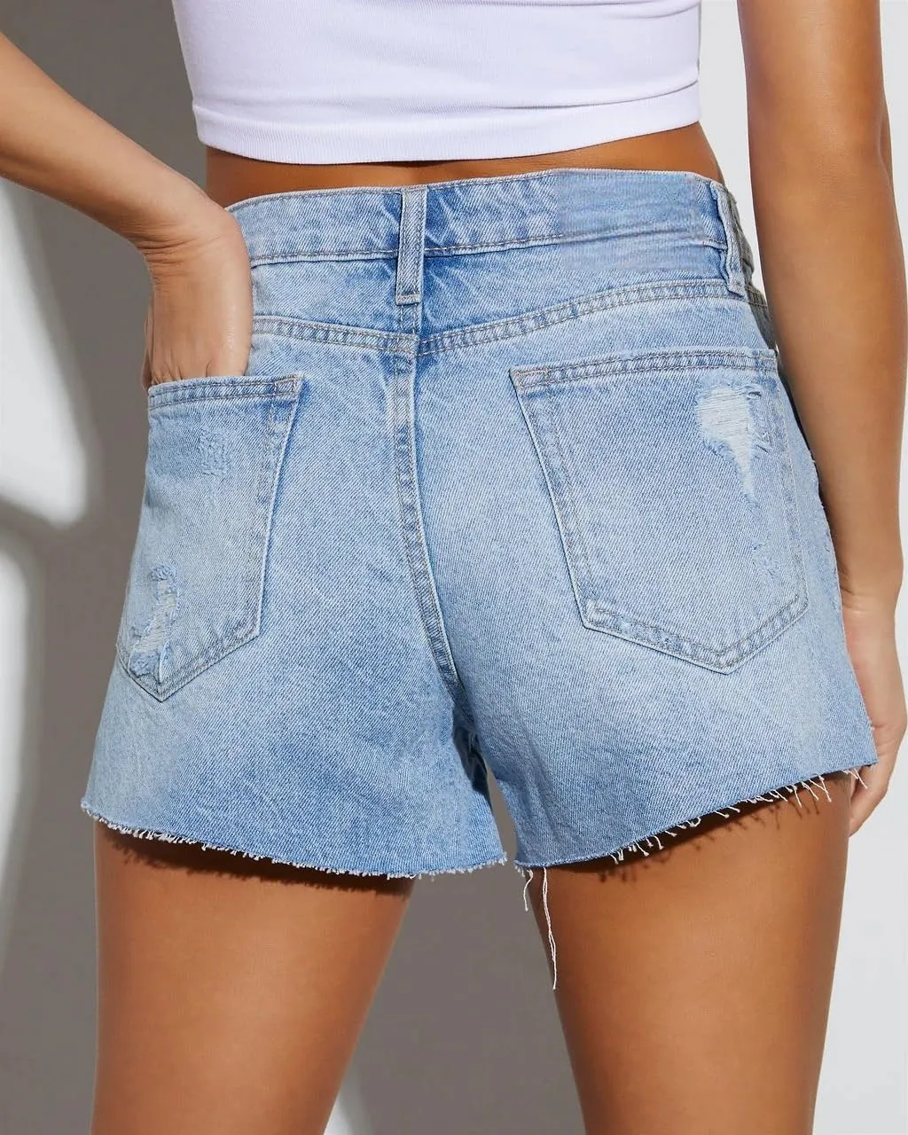 Women Mid Rise Ripped Jean Shorts Casual Stretchy Denim Shorts Frayed Raw Hem