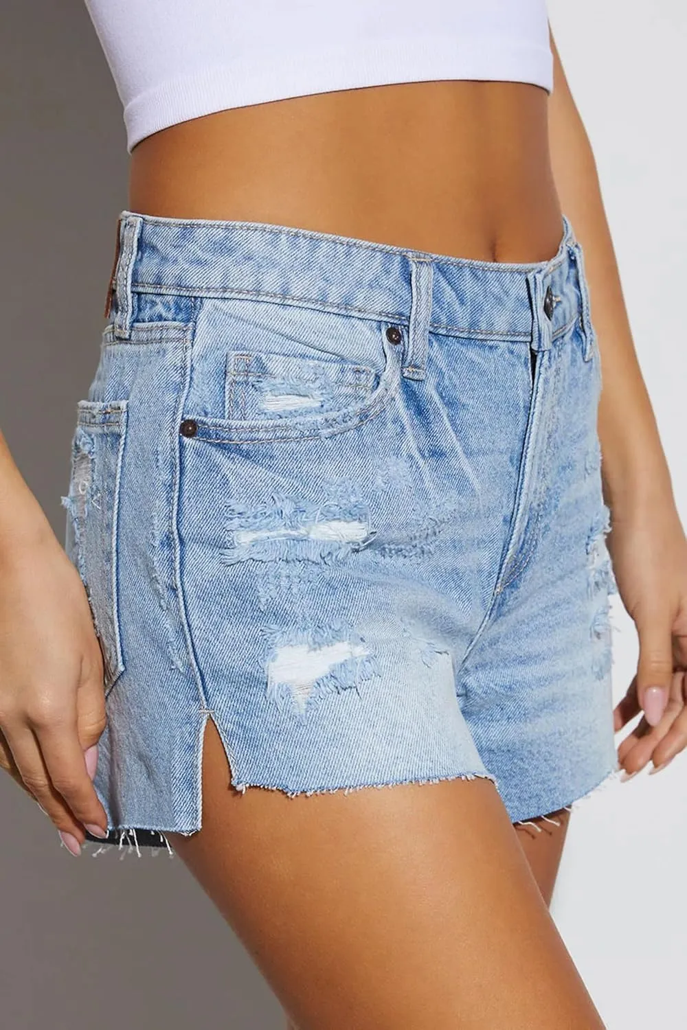 Women Mid Rise Ripped Jean Shorts Casual Stretchy Denim Shorts Frayed Raw Hem