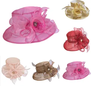 Women Organza Kentucky Church Derby Hat Dress Tea Party Wedding Hat Wide Brim Flower Bridal Shower UV Protection Hat