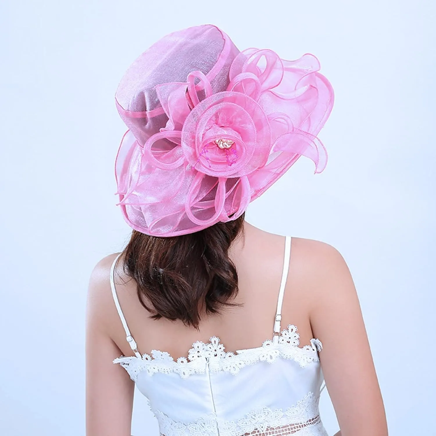 Women Organza Kentucky Church Derby Hat Dress Tea Party Wedding Hat Wide Brim Flower Bridal Shower UV Protection Hat