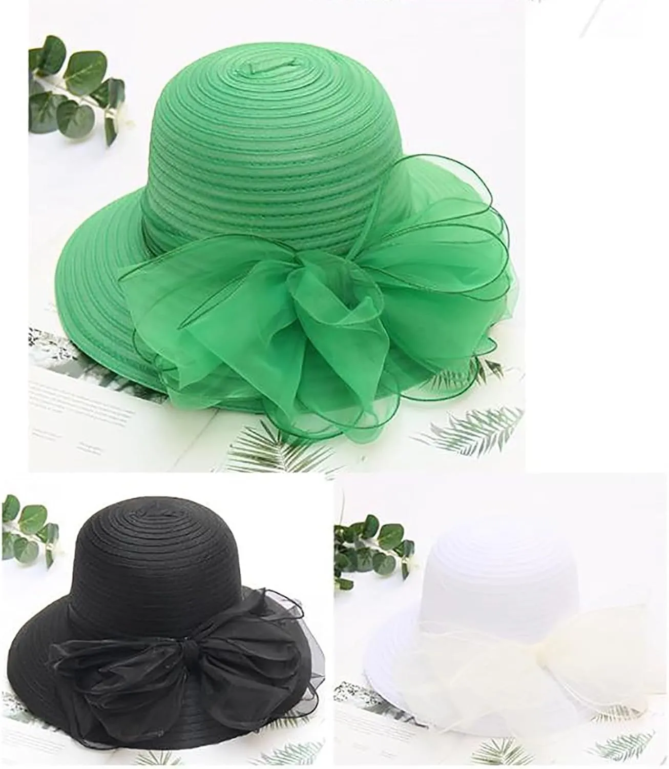 Women Organza Kentucky Church Derby Hat Wedding Occasion Floral Wide Brim Fascinator Dressy Sun UV Protection Cap