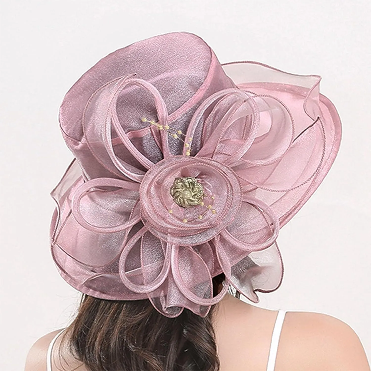 Women Organza Kentucky Hat Organza Floral Tea Party Derby Cocktail Elegant Dress Hat Wide Brim Wedding Bucket Hats