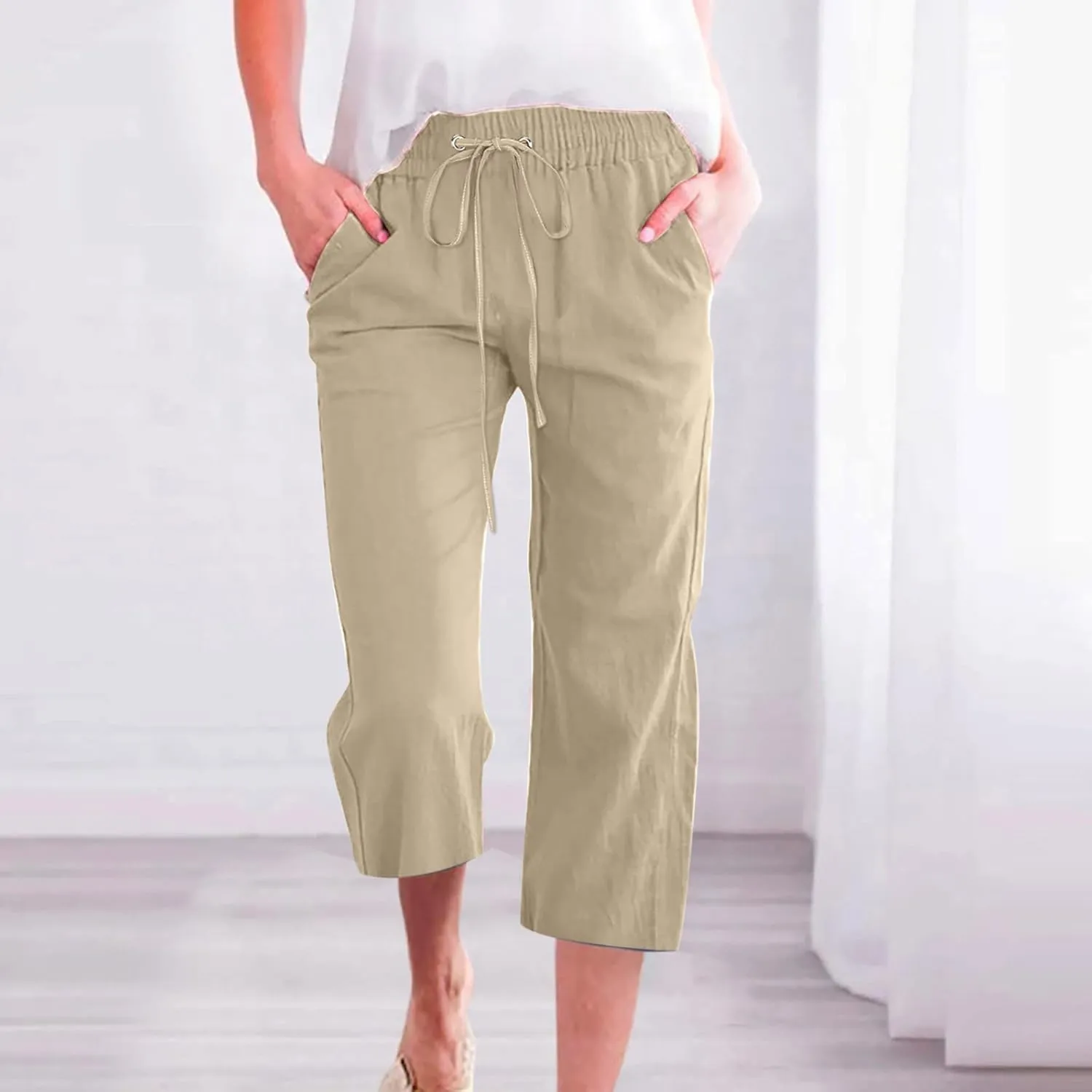 Women Pants High Waisted Wide Leg Pants Drawstring Elastic Trousers Comfy Straight Leg Long Pants with Pockets