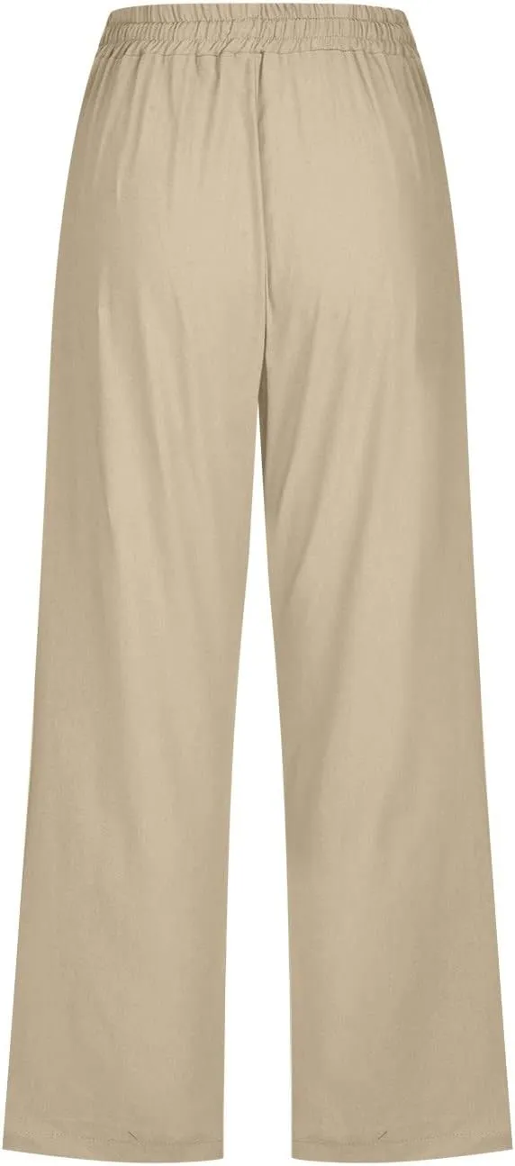 Women Pants High Waisted Wide Leg Pants Drawstring Elastic Trousers Comfy Straight Leg Long Pants with Pockets