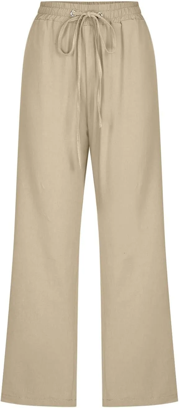 Women Pants High Waisted Wide Leg Pants Drawstring Elastic Trousers Comfy Straight Leg Long Pants with Pockets