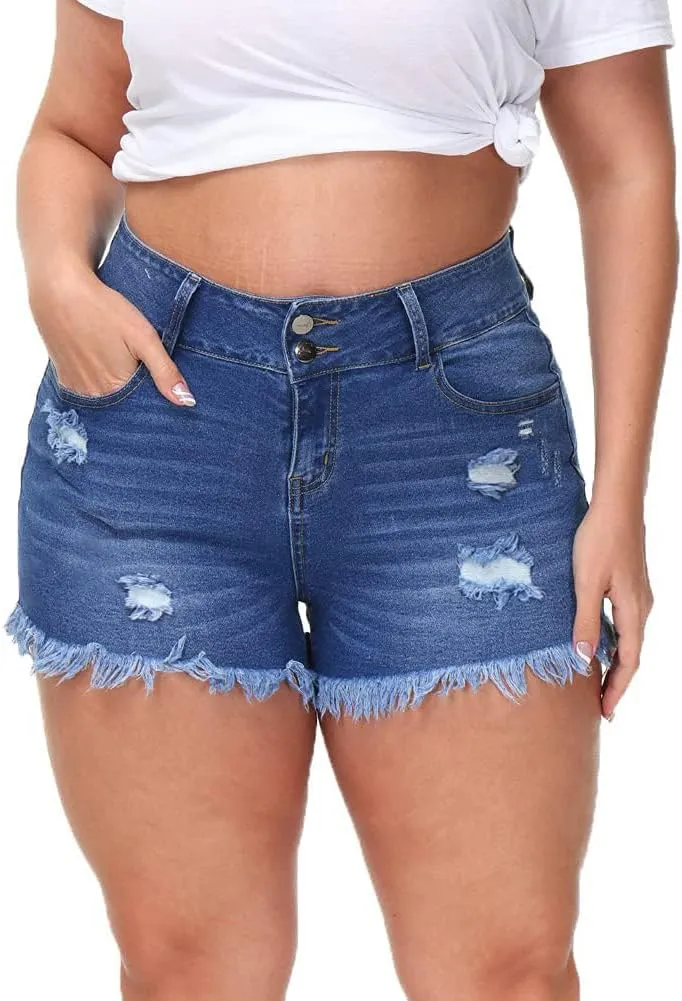 Women Plus Size Jean Shorts Sexy Stretchy High Waisted Frayed Raw Hem Denim Shorts