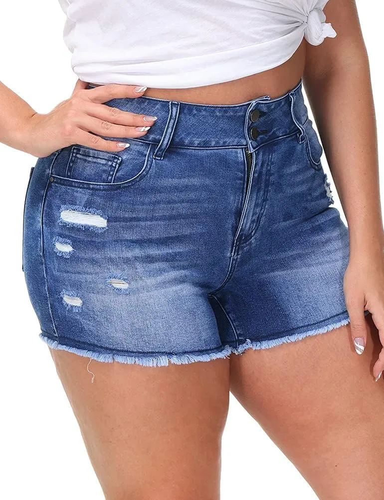 Women Plus Size Jean Shorts Sexy Stretchy High Waisted Frayed Raw Hem Denim Shorts