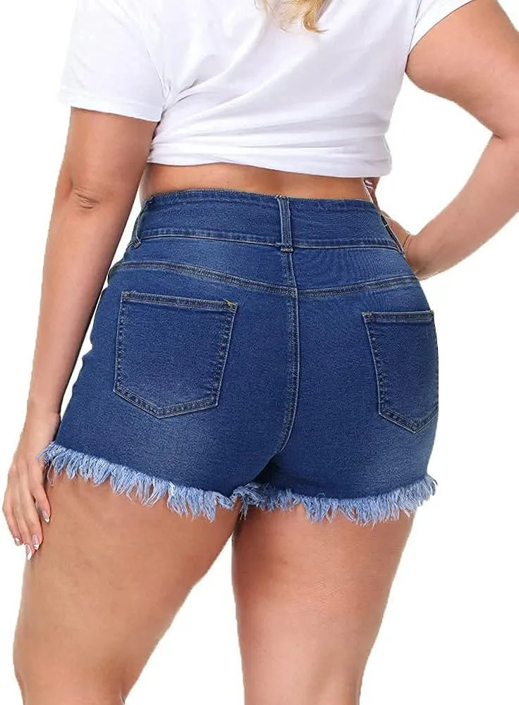 Women Plus Size Jean Shorts Sexy Stretchy High Waisted Frayed Raw Hem Denim Shorts