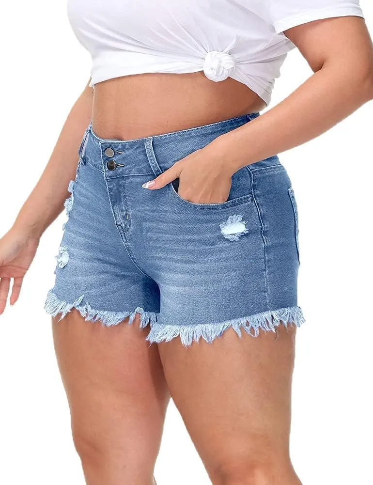 Women Plus Size Jean Shorts Sexy Stretchy High Waisted Frayed Raw Hem Denim Shorts