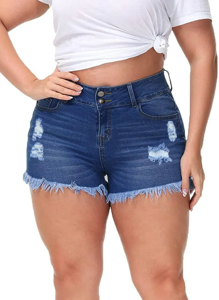 Women Plus Size Jean Shorts Sexy Stretchy High Waisted Frayed Raw Hem Denim Shorts