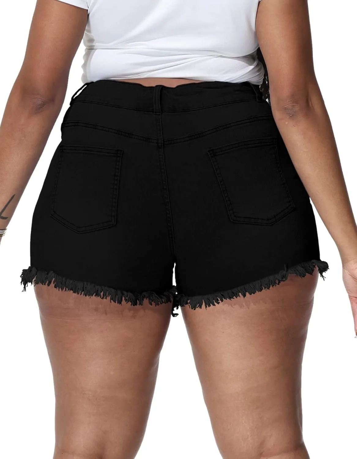 Women Plus Size Jean Shorts Sexy Stretchy High Waisted Frayed Raw Hem Denim Shorts