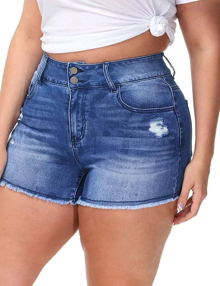 Women Plus Size Jean Shorts Sexy Stretchy High Waisted Frayed Raw Hem Denim Shorts