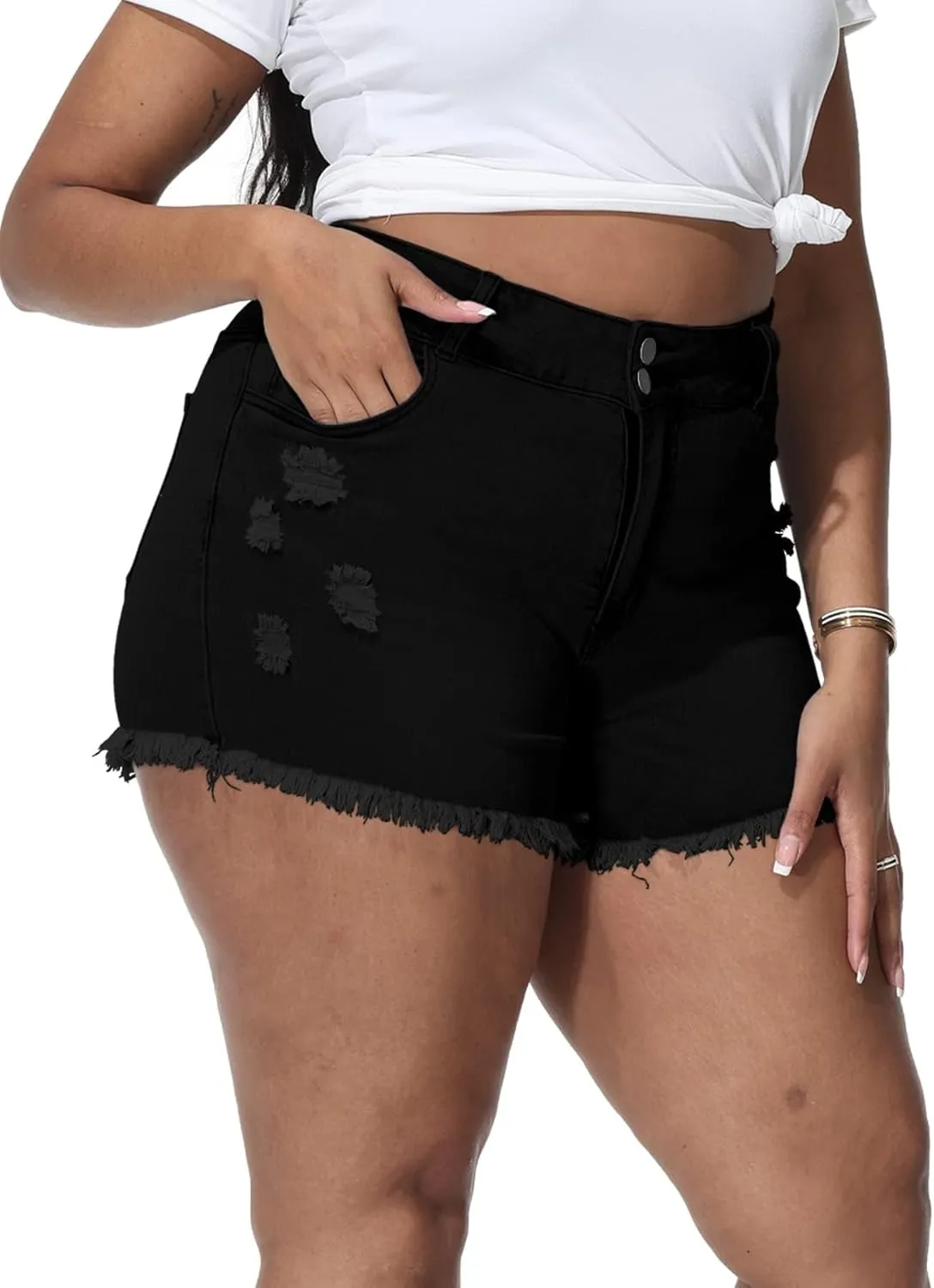 Women Plus Size Jean Shorts Sexy Stretchy High Waisted Frayed Raw Hem Denim Shorts