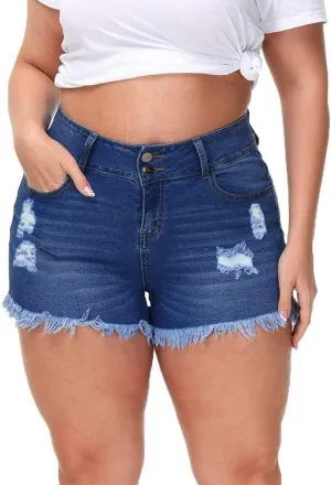 Women Plus Size Jean Shorts Sexy Stretchy High Waisted Frayed Raw Hem Denim Shorts