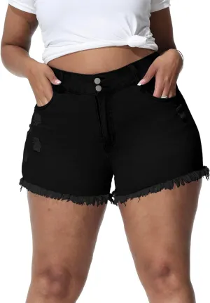 Women Plus Size Jean Shorts Sexy Stretchy High Waisted Frayed Raw Hem Denim Shorts