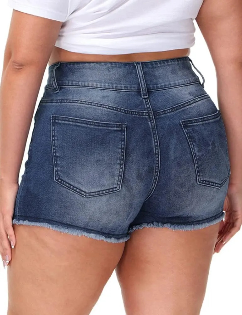 Women Plus Size Jean Shorts Sexy Stretchy High Waisted Frayed Raw Hem Denim Shorts