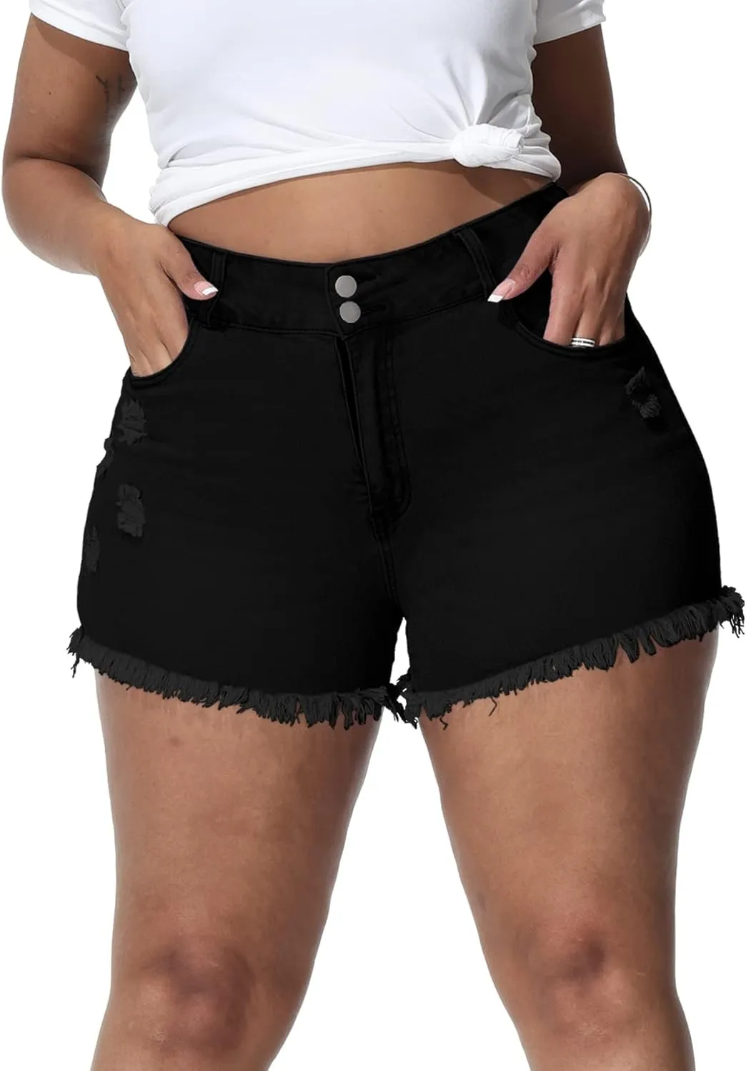 Women Plus Size Jean Shorts Sexy Stretchy High Waisted Frayed Raw Hem Denim Shorts