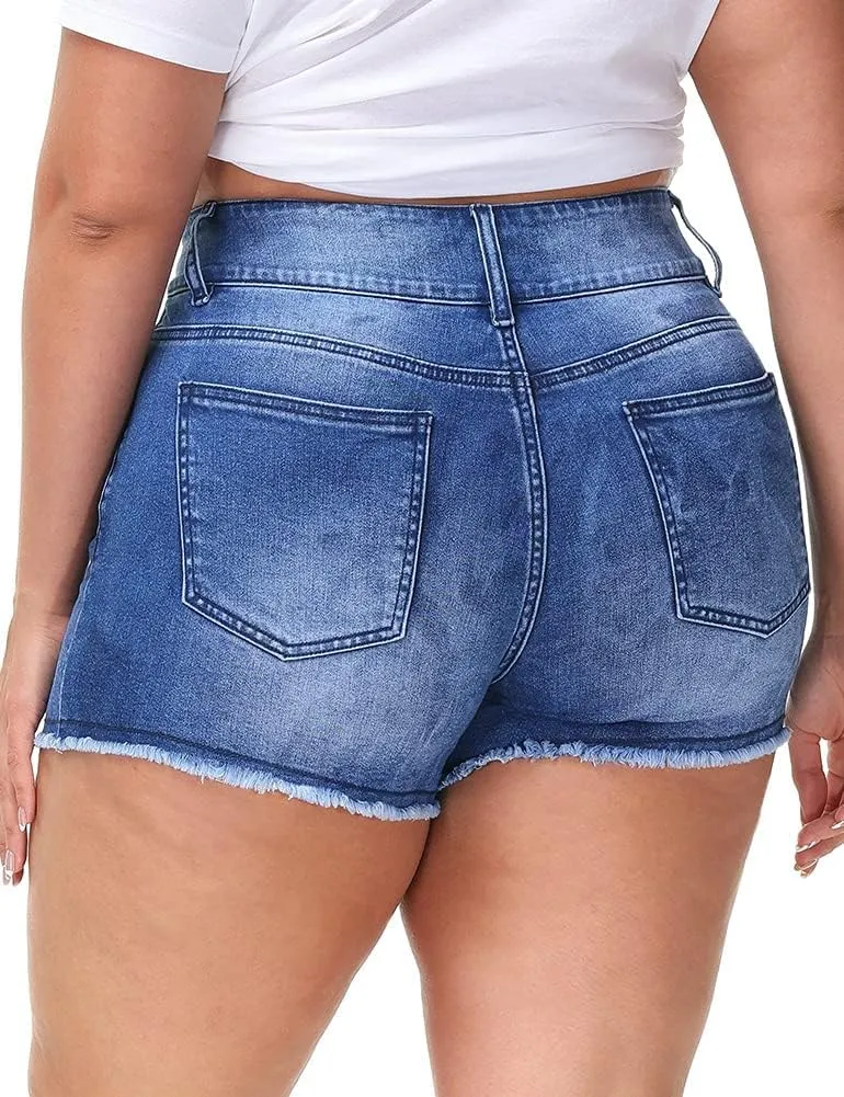 Women Plus Size Jean Shorts Sexy Stretchy High Waisted Frayed Raw Hem Denim Shorts