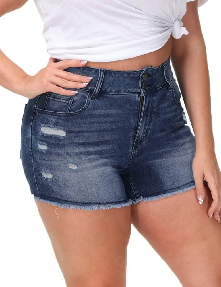 Women Plus Size Jean Shorts Sexy Stretchy High Waisted Frayed Raw Hem Denim Shorts