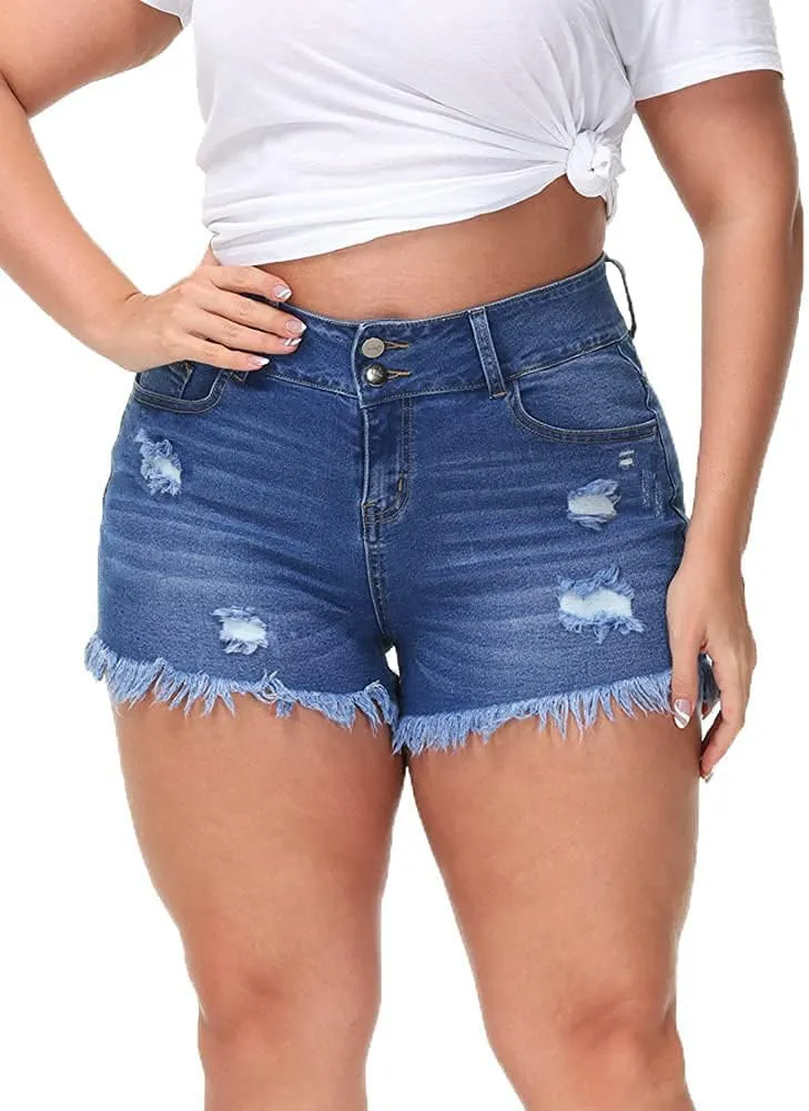 Women Plus Size Jean Shorts Sexy Stretchy High Waisted Frayed Raw Hem Denim Shorts