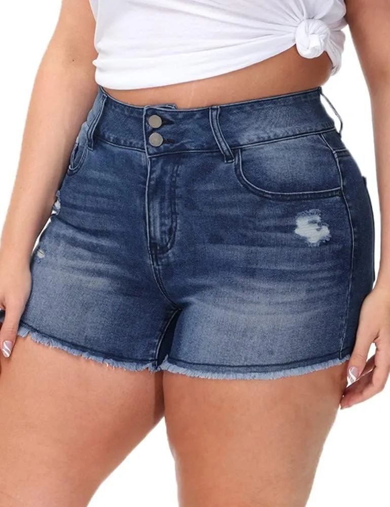 Women Plus Size Jean Shorts Sexy Stretchy High Waisted Frayed Raw Hem Denim Shorts