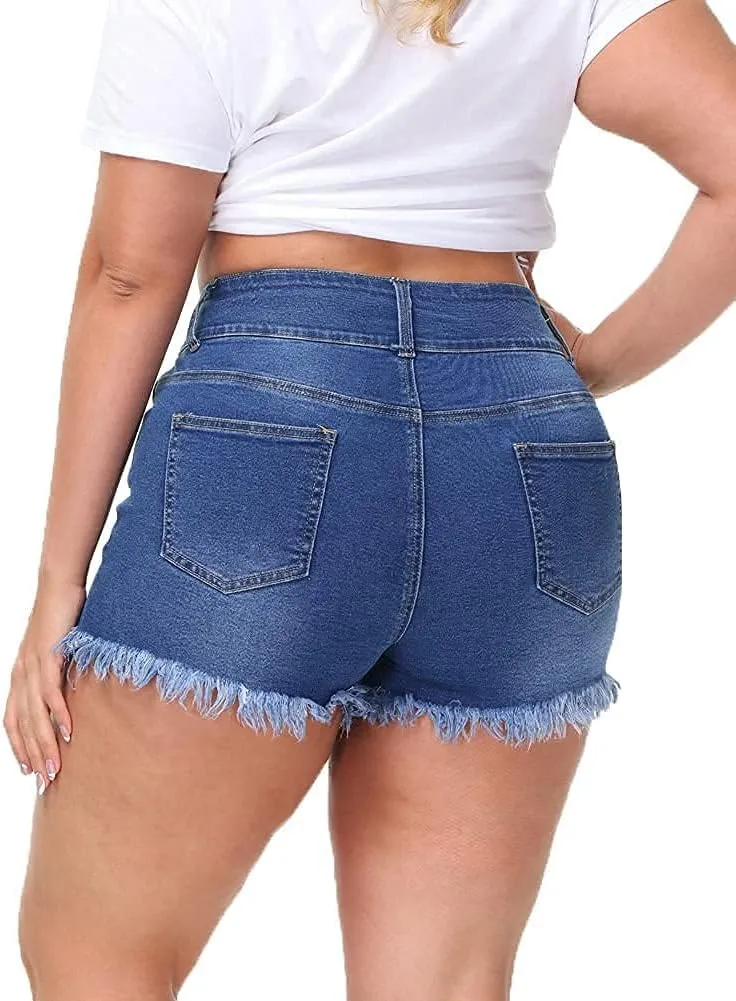 Women Plus Size Jean Shorts Sexy Stretchy High Waisted Frayed Raw Hem Denim Shorts