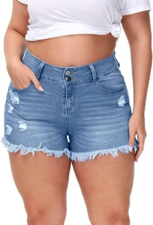 Women Plus Size Jean Shorts Sexy Stretchy High Waisted Frayed Raw Hem Denim Shorts